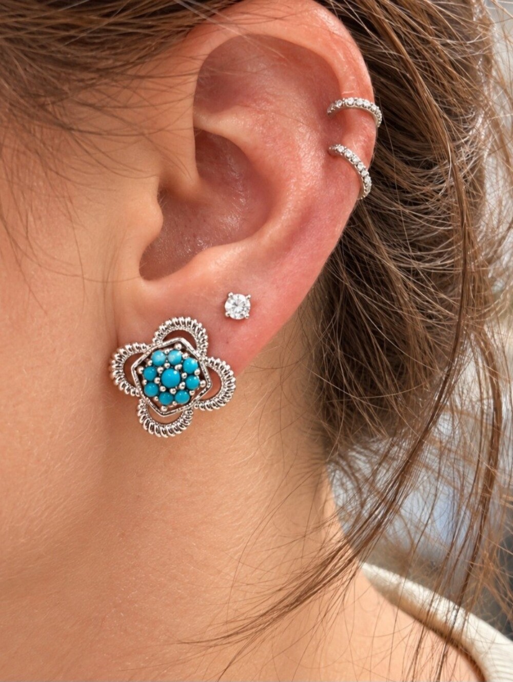 Beautiful Turquoise & Silver-Tone Floral Stud Earrings